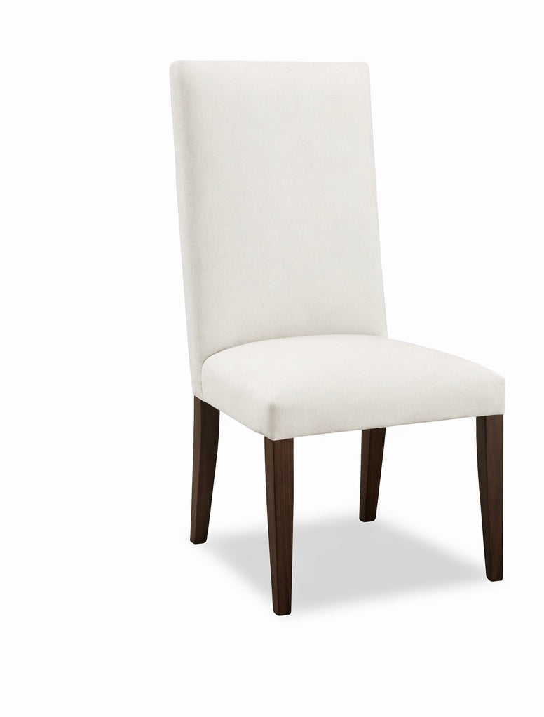 White chair with dark wood legs on a white background