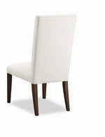White chair with dark wooden legs on a white background