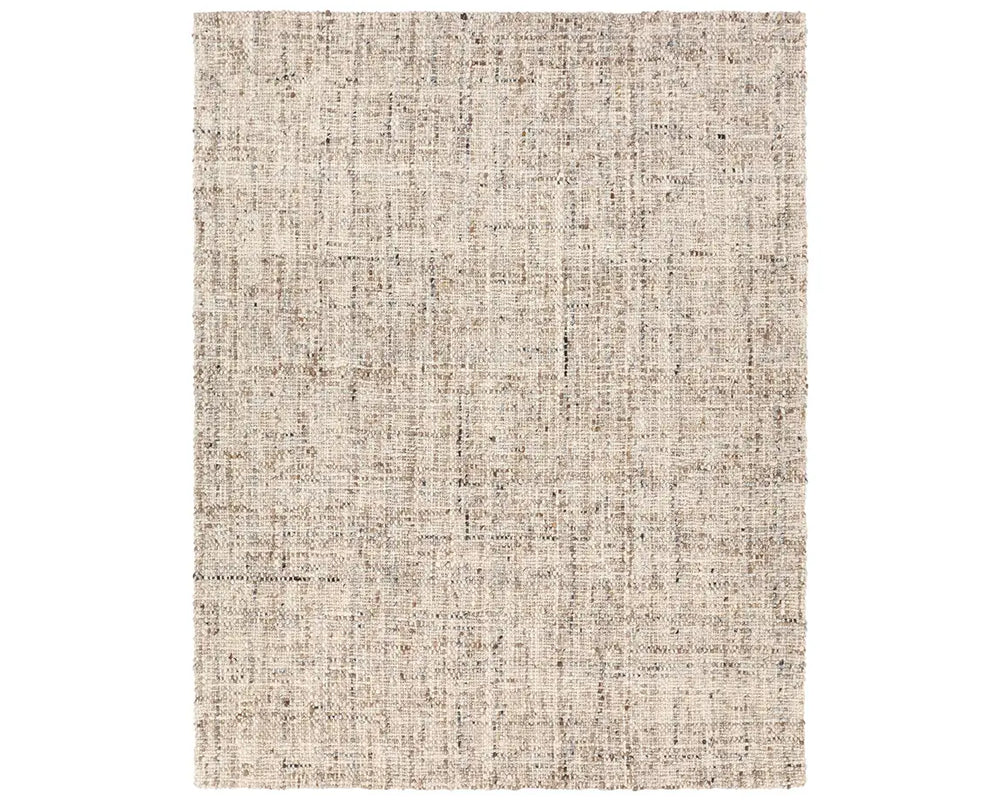 A beige wool area rug with a textured weave pattern.