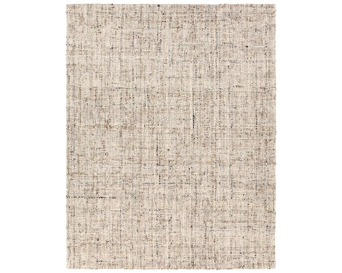 A beige wool area rug with a textured weave pattern.