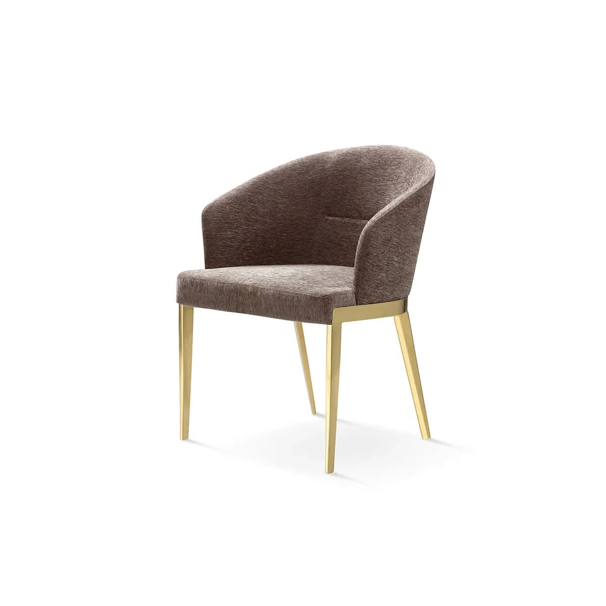 Chair with brown upholstered seat and backrest on gold legs against a white background