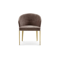 Brown upholstered chair with gold legs on a white background