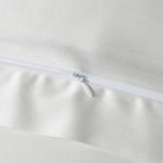 Close-up of a white zipper on a beige fabric background