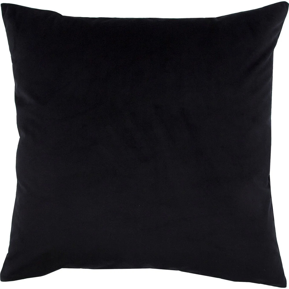 A solid black square accent pillow.