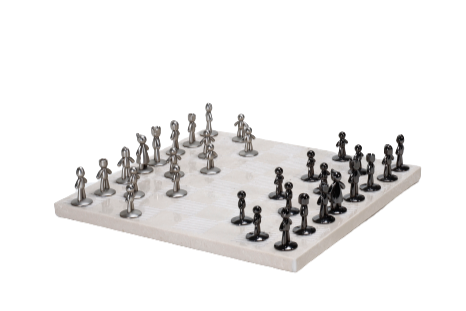A beige marble chess board set with white and black pieces arranged on the board.