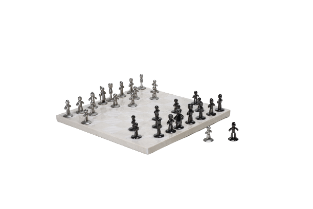 A beige marble chess board set with white and black pieces arranged on the board.
