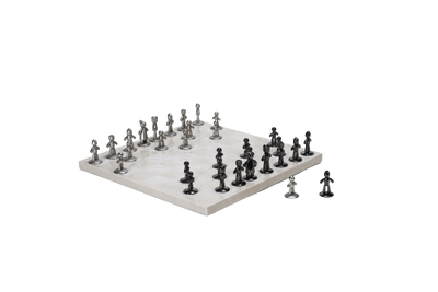A beige marble chess board set with white and black pieces arranged on the board.