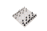 A beige marble chess board set with white and black pieces arranged on the board.