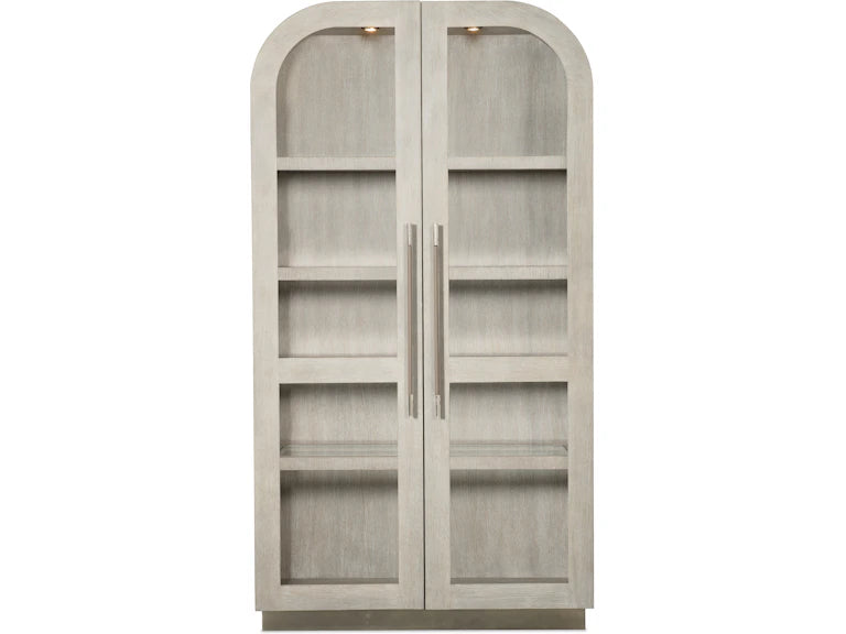 A gray wooden cabinet with two doors and glass panel inserts, standing upright.