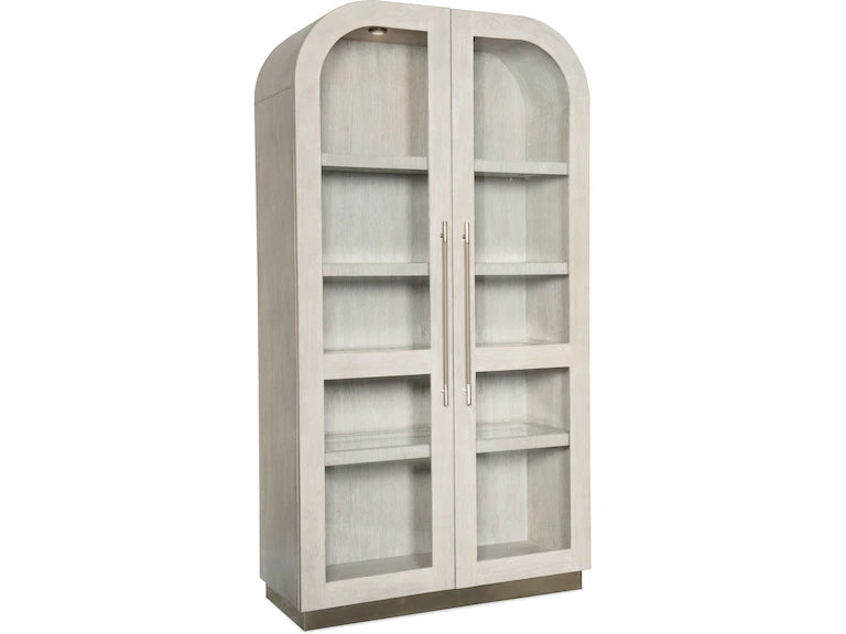 A gray wooden cabinet with two doors and glass panel inserts, standing upright.
