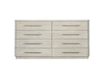 Beige dresser with six drawers on a white background