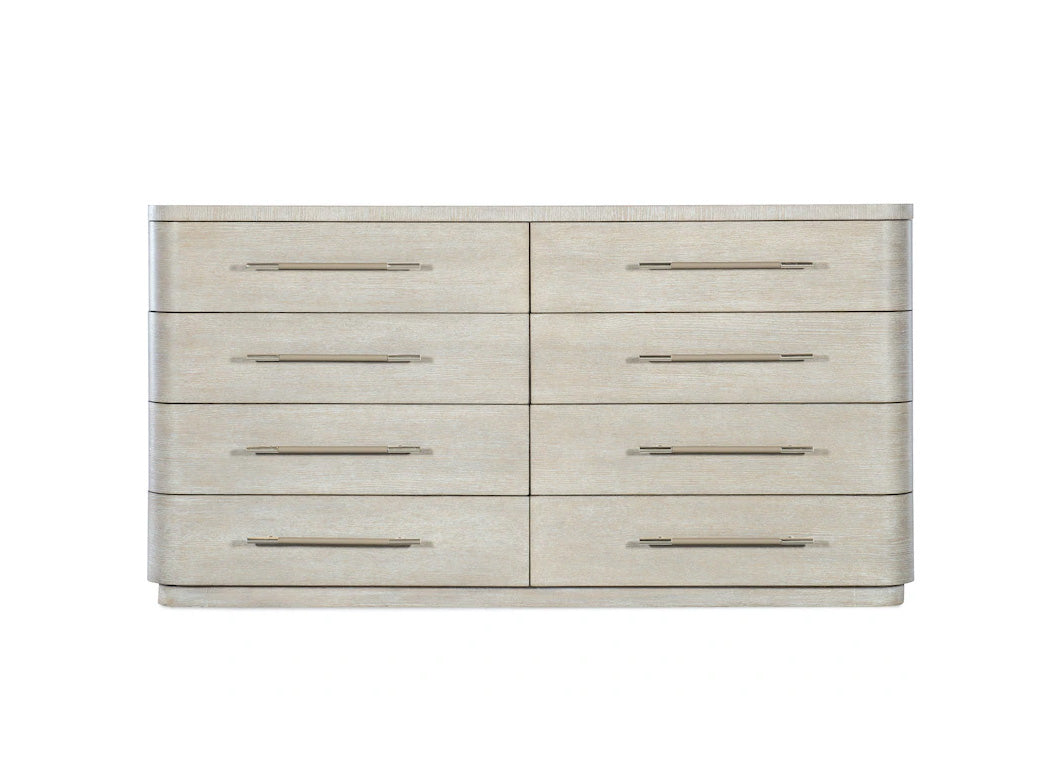 Beige dresser with six drawers on a white background