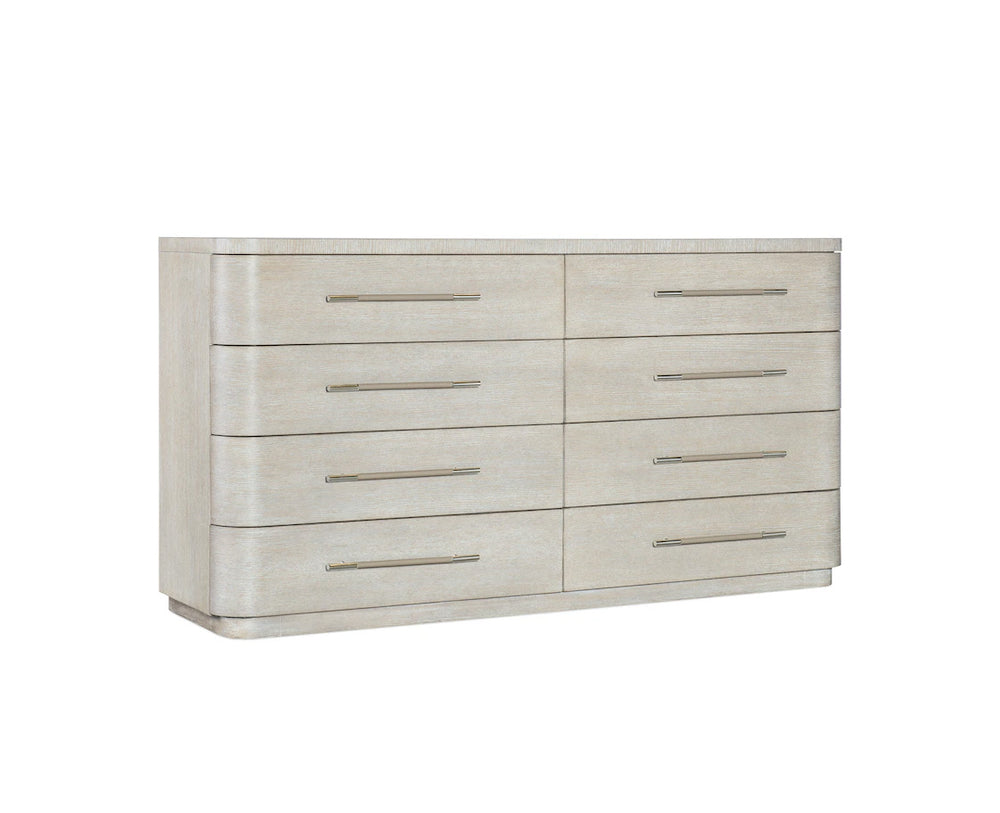 Beige dresser with multiple drawers on a white background