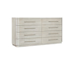 Beige dresser with multiple drawers on a white background