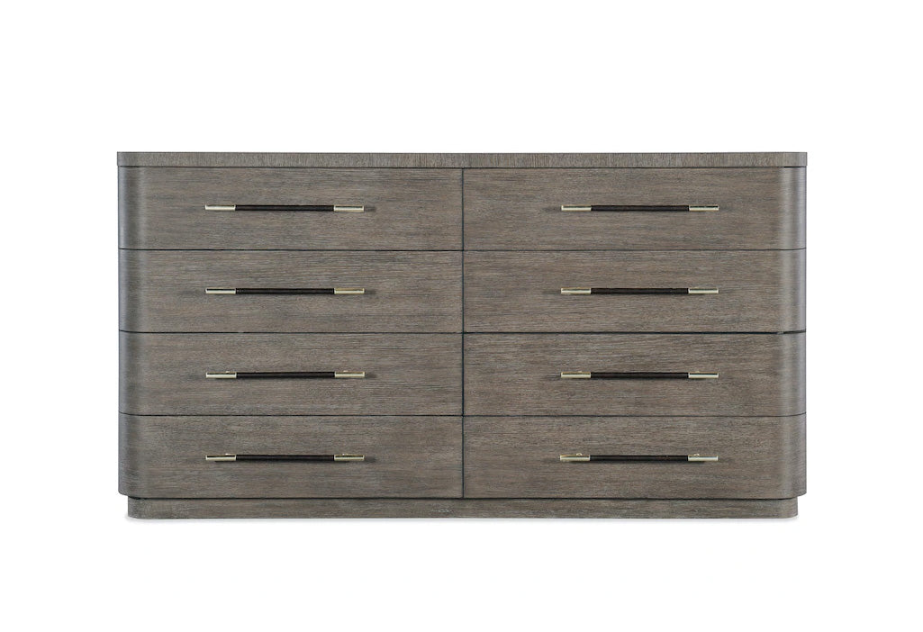 Wooden dresser with six drawers on a white background