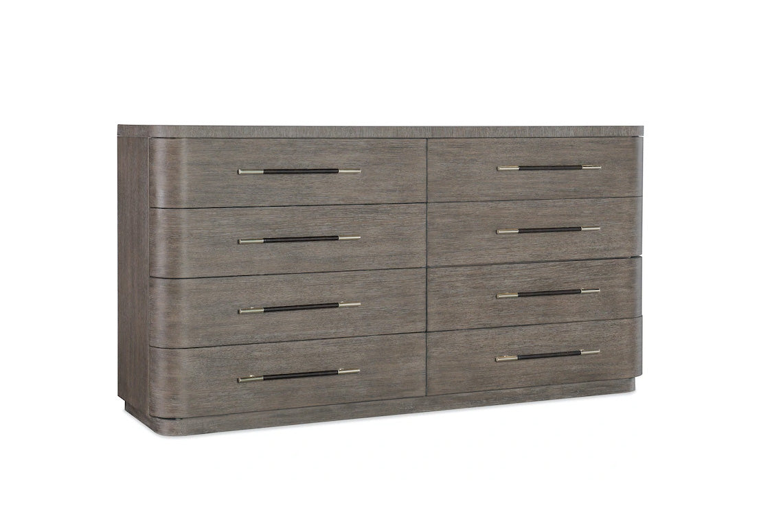 Wooden dresser with six drawers on a white background