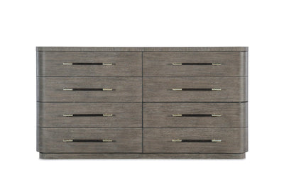 Wooden dresser with six drawers on a white background