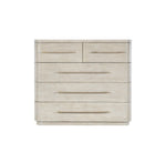 Beige dresser with multiple drawers on a white background