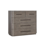 Wooden dresser with five drawers on a white background