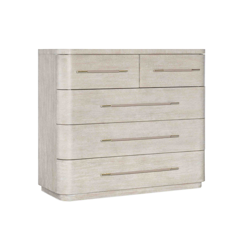 Beige dresser with four drawers on a white background
