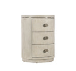 Round nightstand with three drawers on a white background
