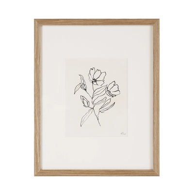Framed line drawing of a floral design on a white background