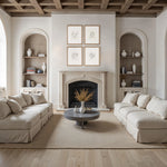 Living room with beige sofas, a fireplace, and decorative elements.