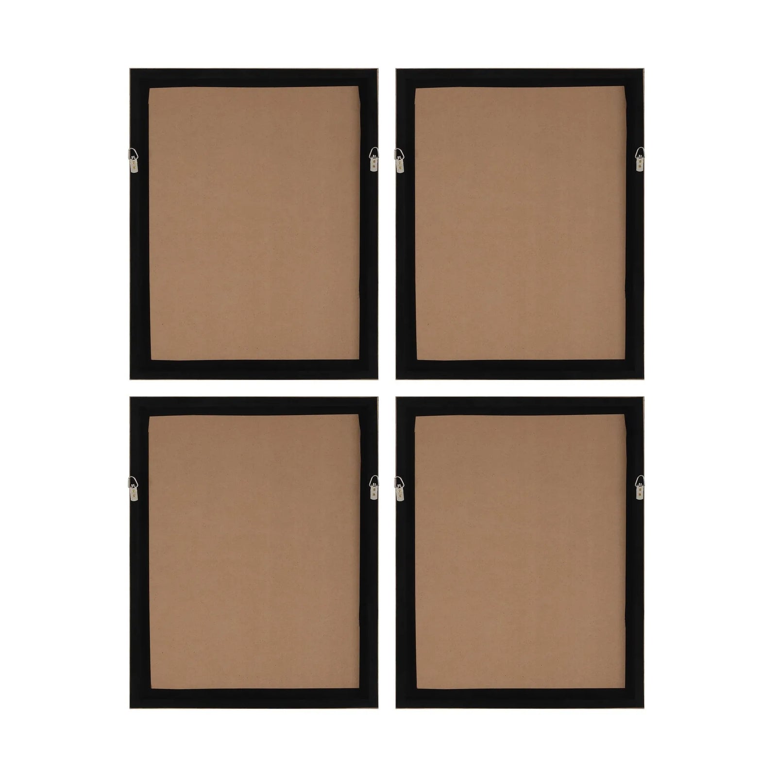 Four black-framed cork bulletin boards on a white background
