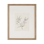 Framed artwork with black line drawing of leaves on a white background