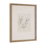 Framed artwork with a minimalist black line drawing of leaves on a white background