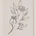 Line drawing of a branch with flowers on a beige background