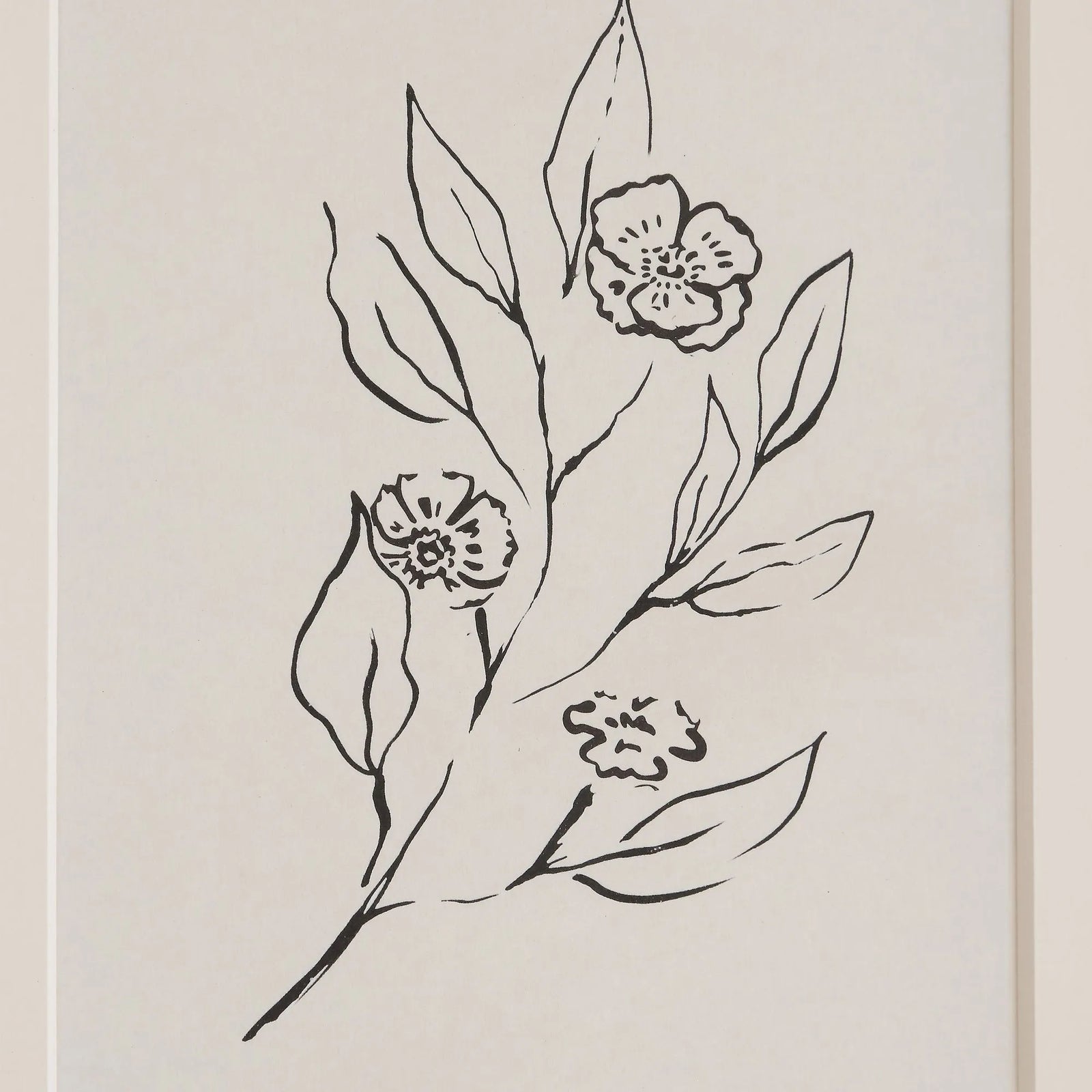 Line drawing of a branch with flowers on a beige background