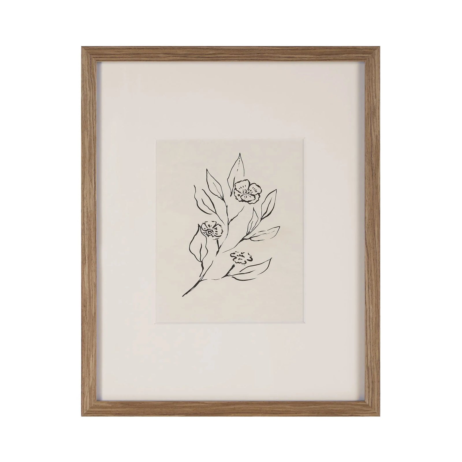 Framed artwork with a black line drawing of a floral design on a beige background
