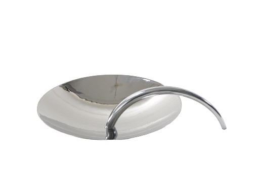 A silver chrome tray with a simple design and a handle, isolated on a white background.