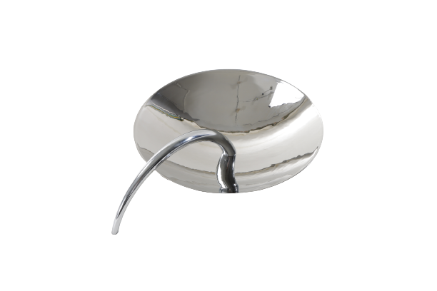 A silver chrome tray with a simple design and a handle, isolated on a white background.