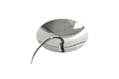 A silver chrome tray with a simple design and a handle, isolated on a white background.