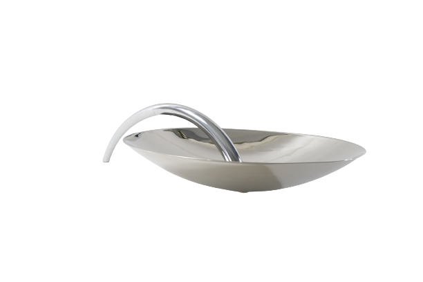 A silver chrome tray with a simple design and a handle, isolated on a white background.