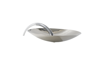 A silver chrome tray with a simple design and a handle, isolated on a white background.