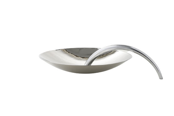 A silver chrome tray with a simple design and a handle, isolated on a white background.