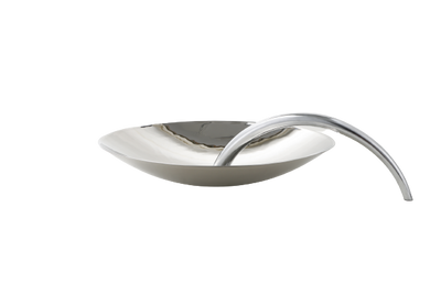 A silver chrome tray with a simple design and a handle, isolated on a white background.