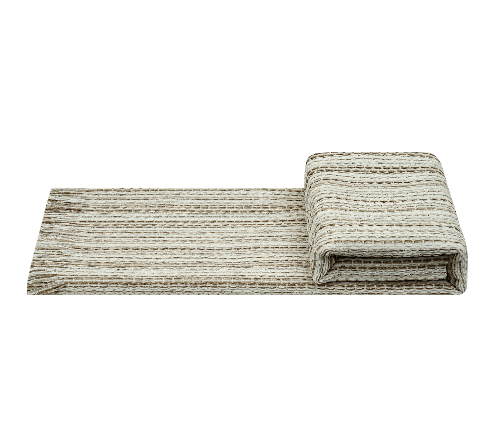 A folded woven throw blanket with a textured striped pattern in beige and gray, displayed on a clean white background with a brand watermark at the bottom.