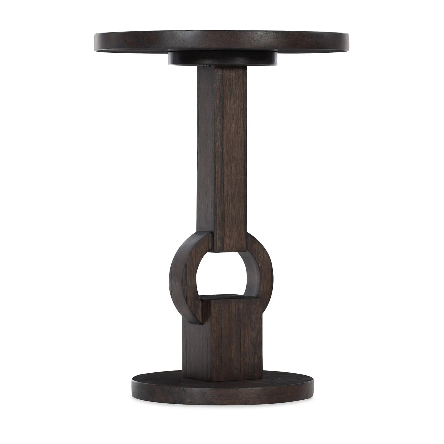 Dark wooden side table with unique design on a white background