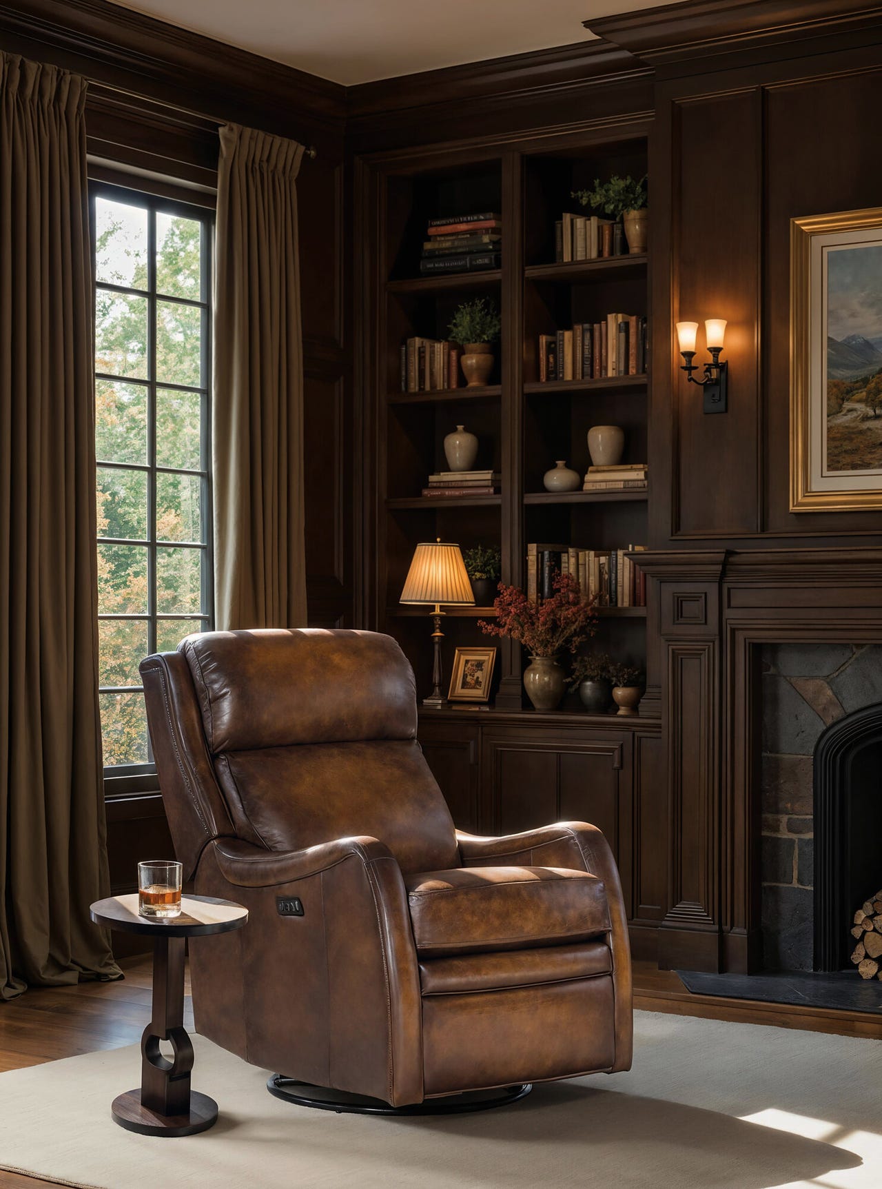 Cozy living room with brown leather recliner chair, bookshelf, and fireplace.