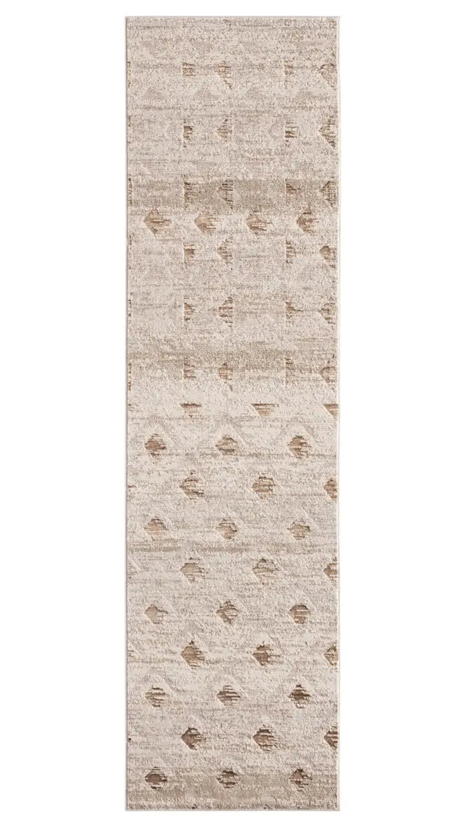 Beige runner rug with subtle pattern on a white background