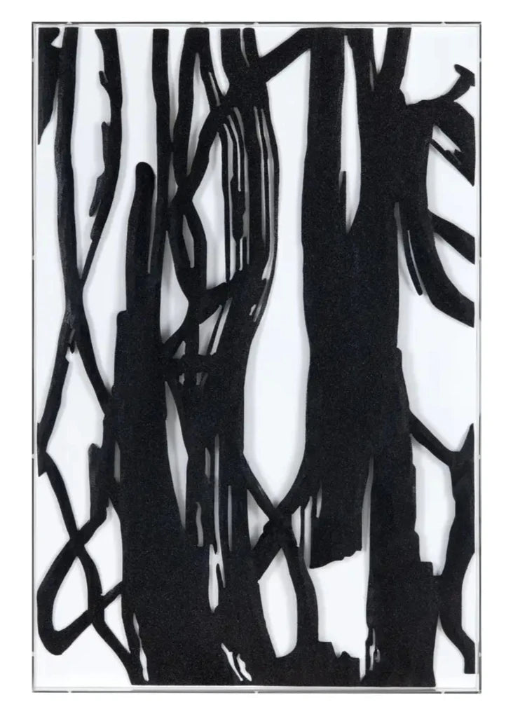 This image features a striking piece of classical wall art, measuring 24 x 2 x 36 inches. The artwork is a black and white abstract piece, with bold black lines on a white background, creating a modern and sophisticated look.