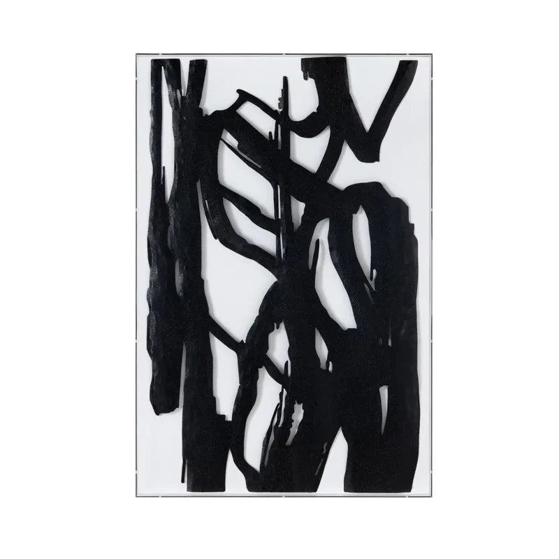 This image features a striking piece of classical wall art, measuring 24 x 2 x 36 inches. The artwork presents a bold black and white abstract design, with intricate lines and shapes that evoke a sense of movement and complexity.