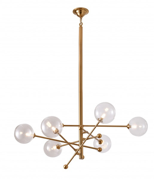 A modern brass chandelier with clear glass shades and adjustable rods, featuring a metal frame.