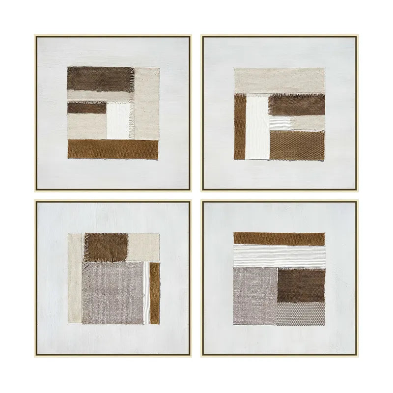 A set of four square abstract wall arts with beige, brown, and white colors, framed and displayed against a white background.