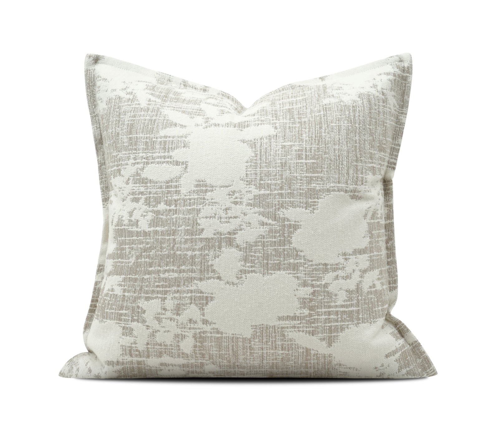 A square throw pillow with a textured, abstract brushstroke pattern in gray and off-white, shown against a plain white background 