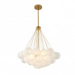 A contemporary silver metal chandelier with white glass shades, designed for indoor use.